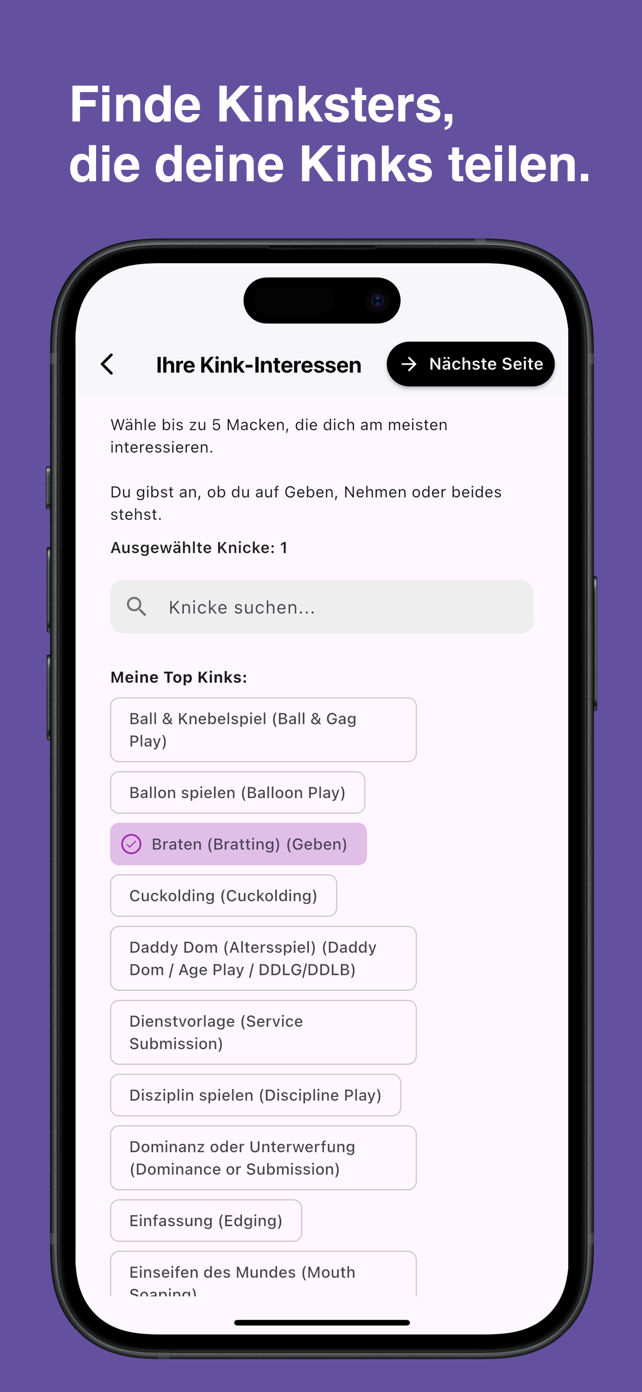 Browse and choose specific kinks in the Kinksy app