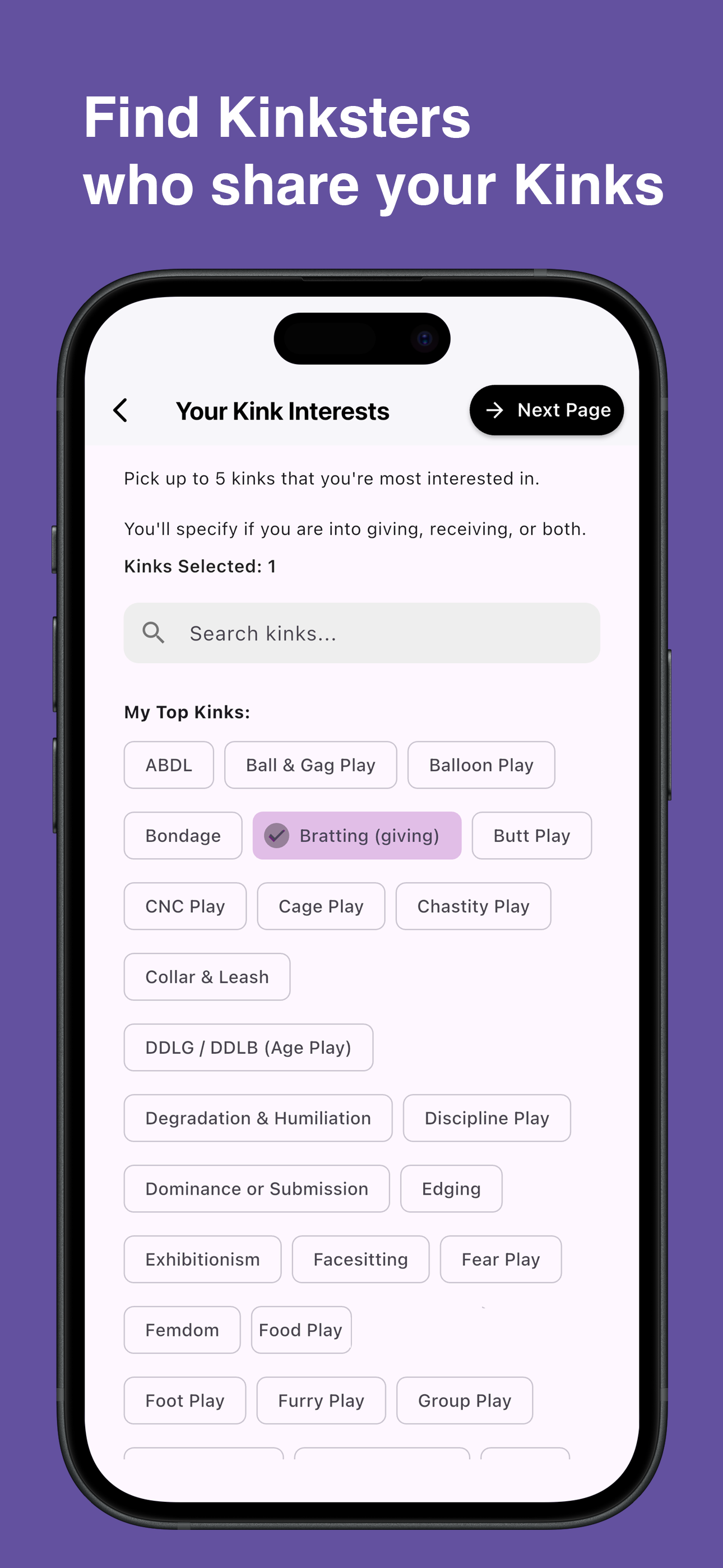 Browse and choose specific kinks in the Kinksy app