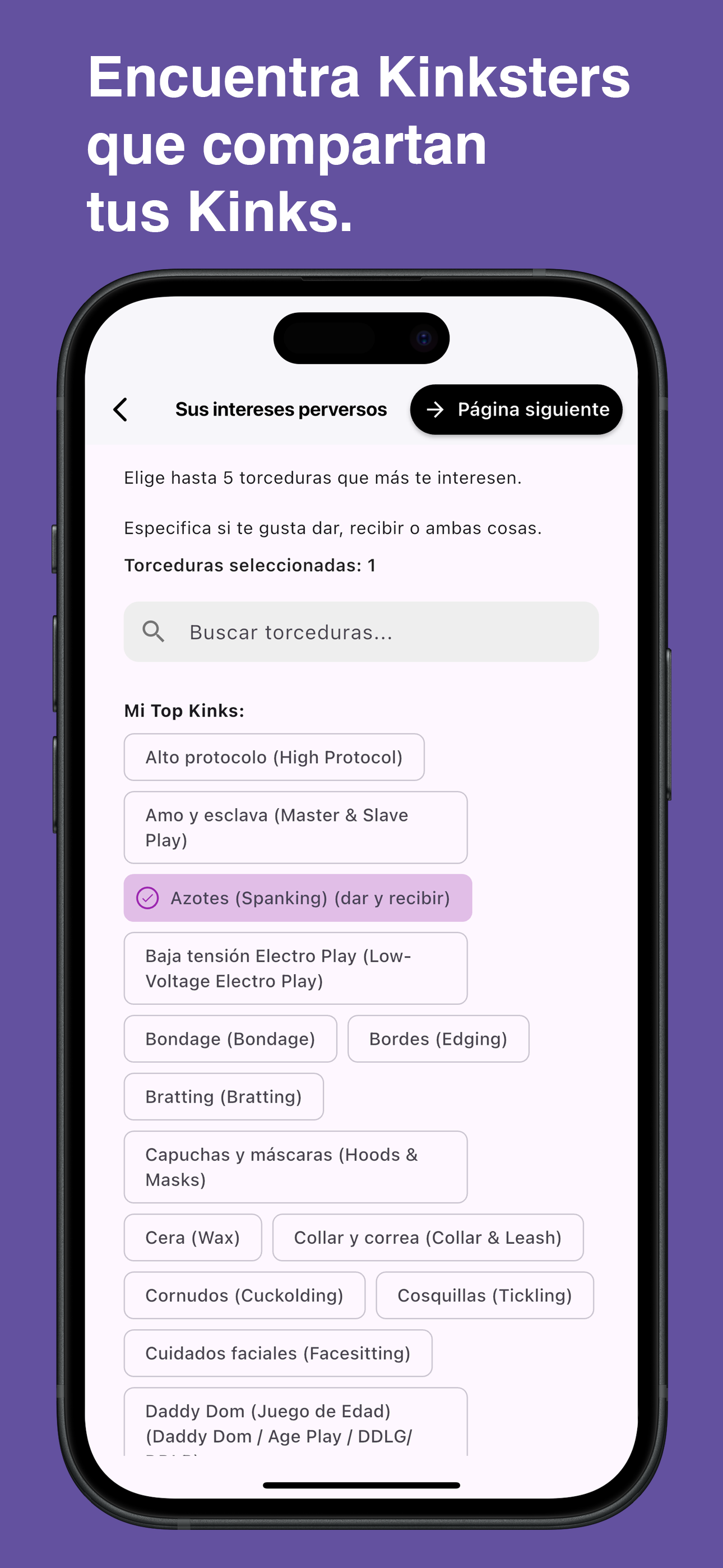Browse and choose specific kinks in the Kinksy app