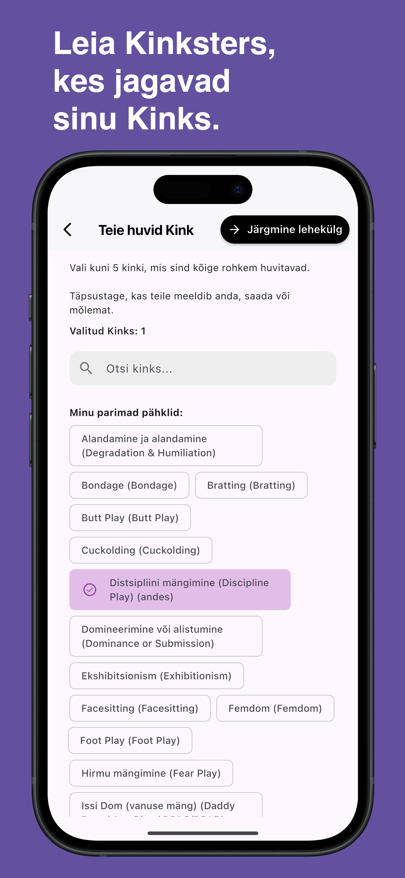 Browse and choose specific kinks in the Kinksy app