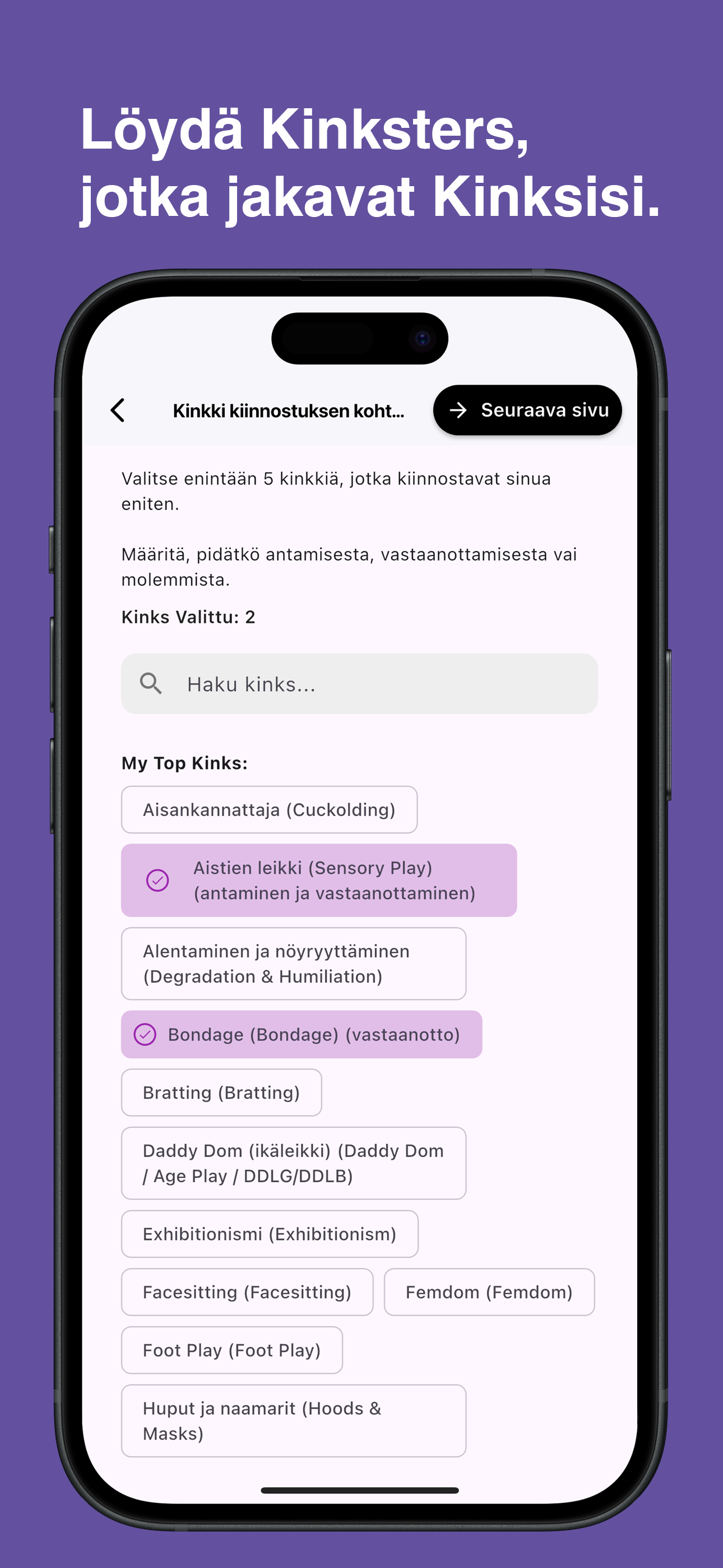 Browse and choose specific kinks in the Kinksy app