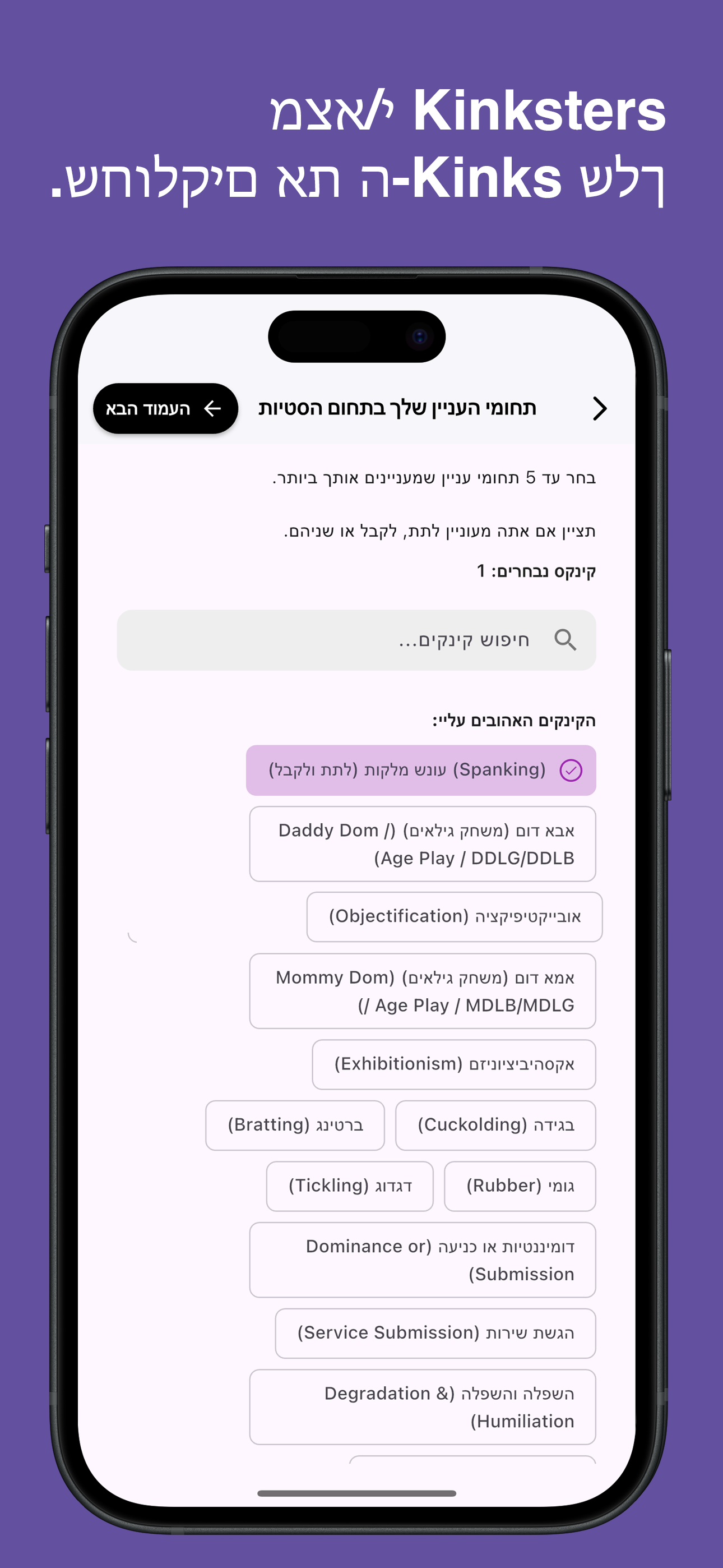 Browse and choose specific kinks in the Kinksy app