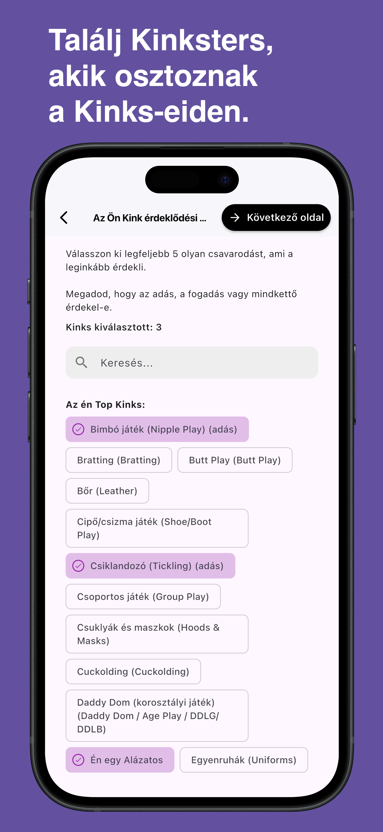 Browse and choose specific kinks in the Kinksy app