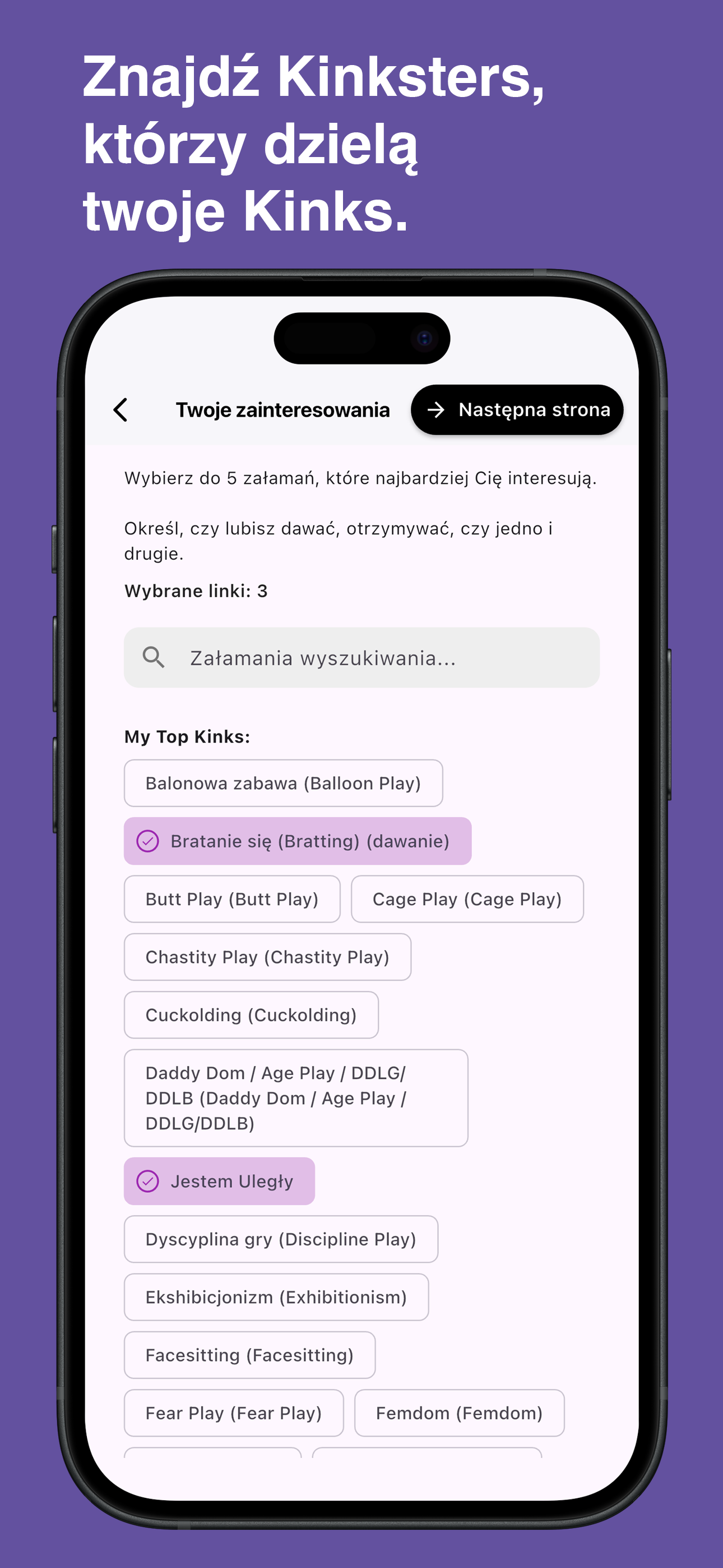 Browse and choose specific kinks in the Kinksy app