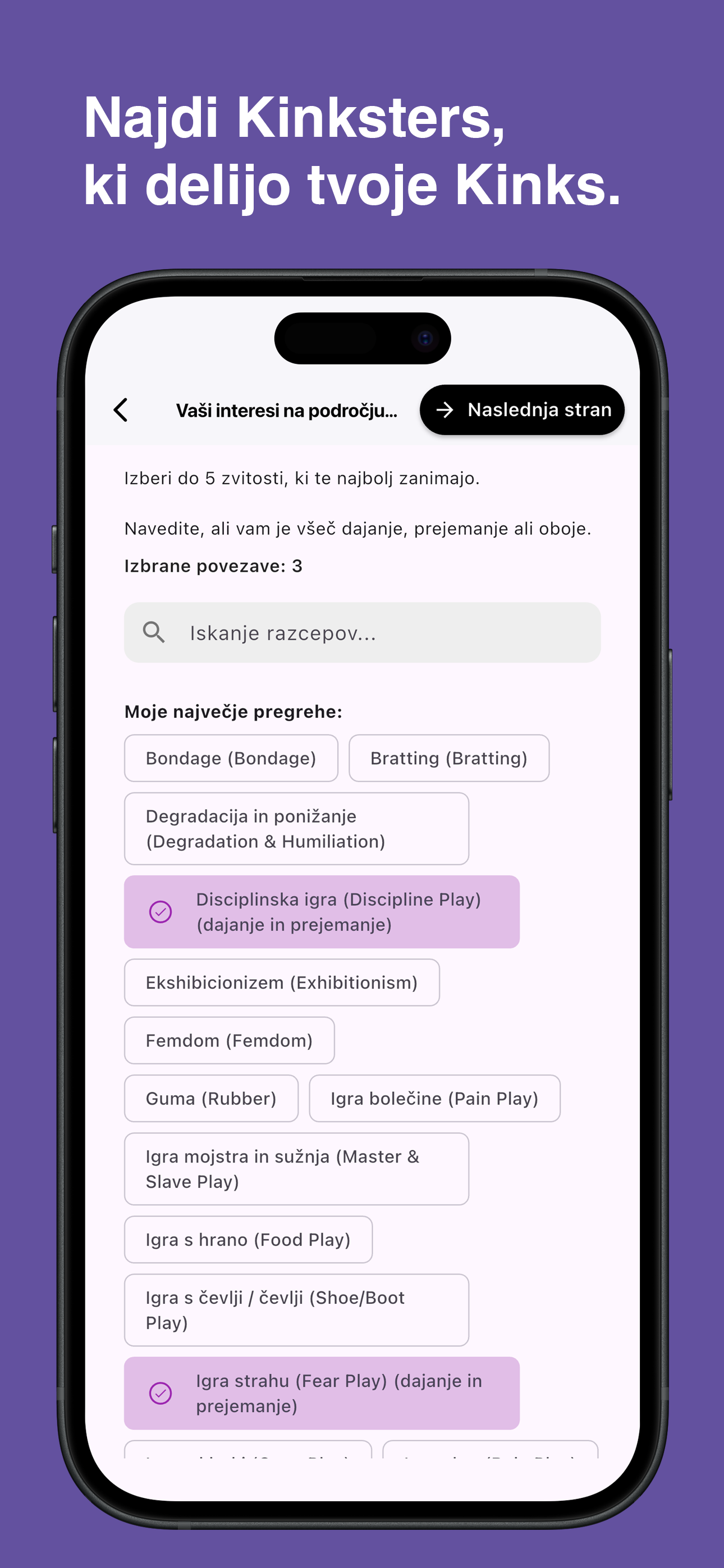 Browse and choose specific kinks in the Kinksy app