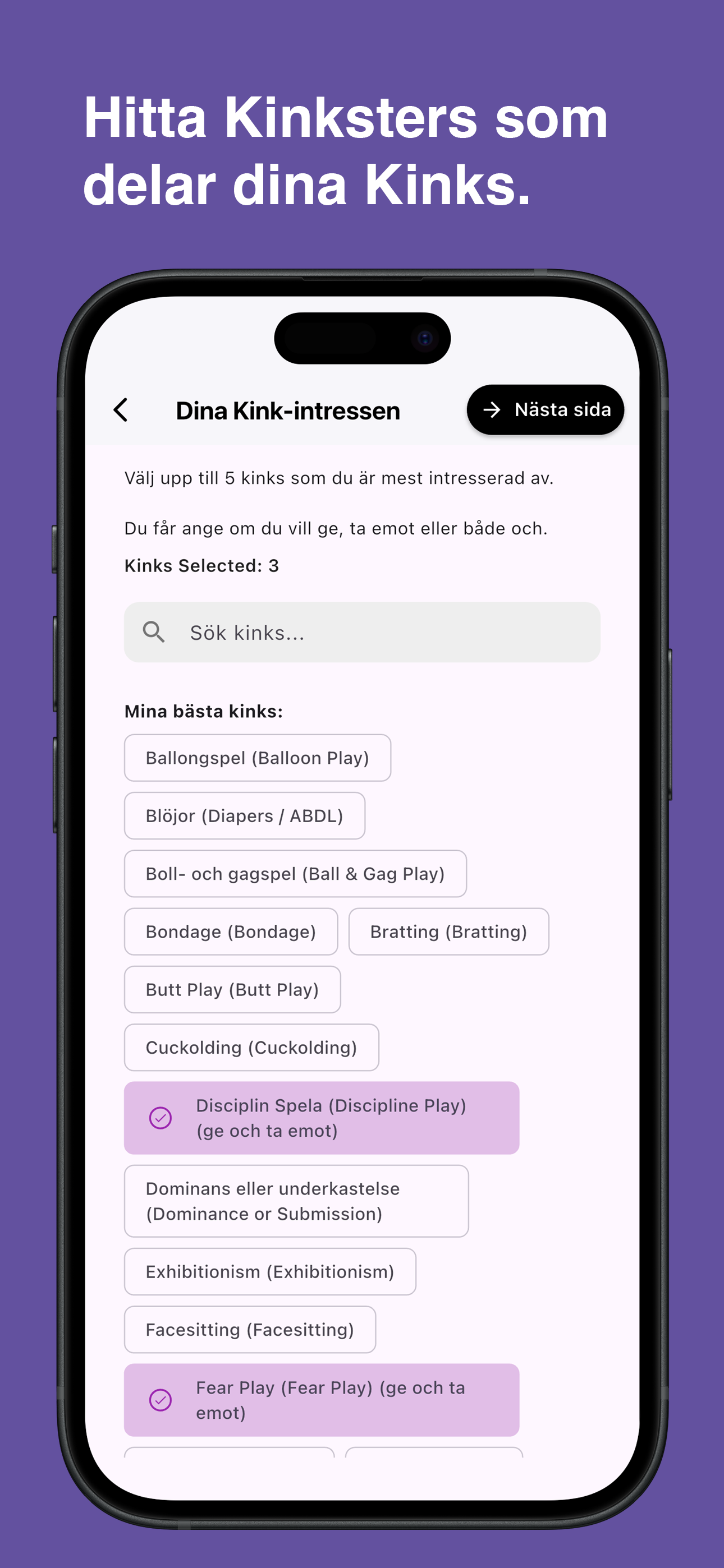 Browse and choose specific kinks in the Kinksy app